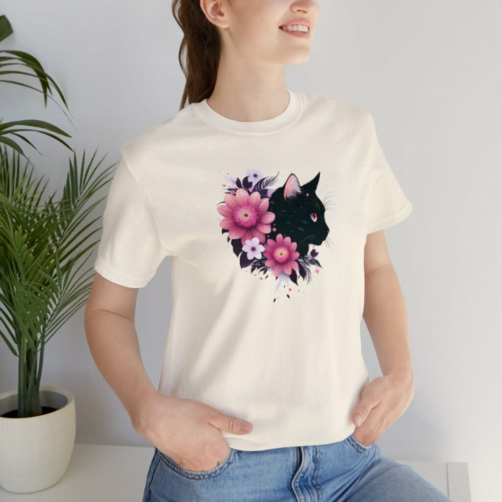 Floral Black Cat Women’s Shirt Blossoming Feline Elegance