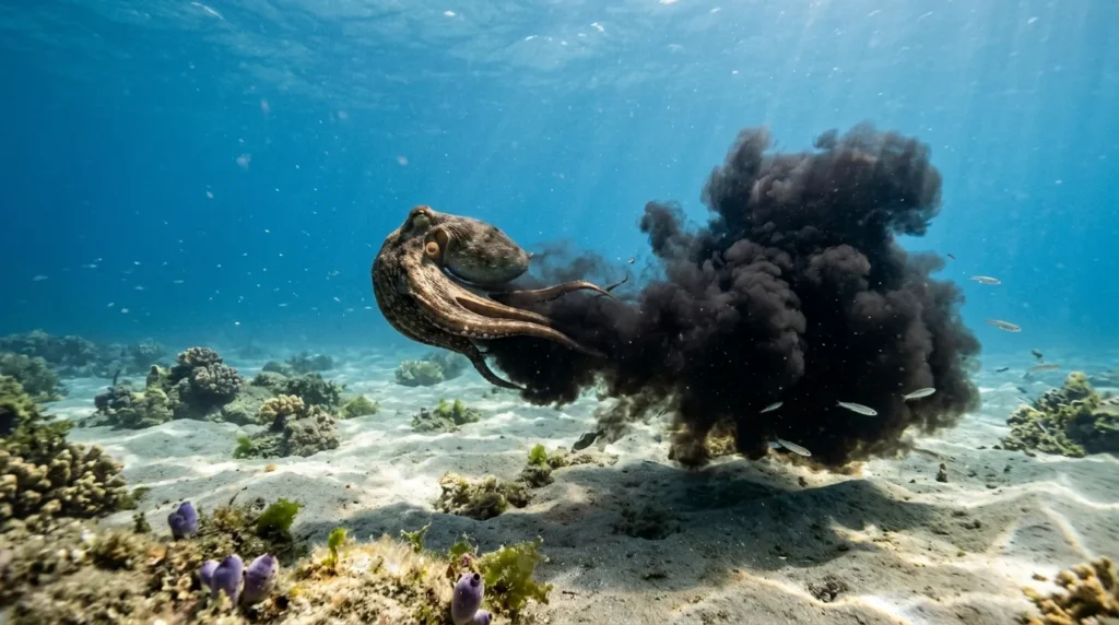  the Octopus can release a dense black cloud into the water,