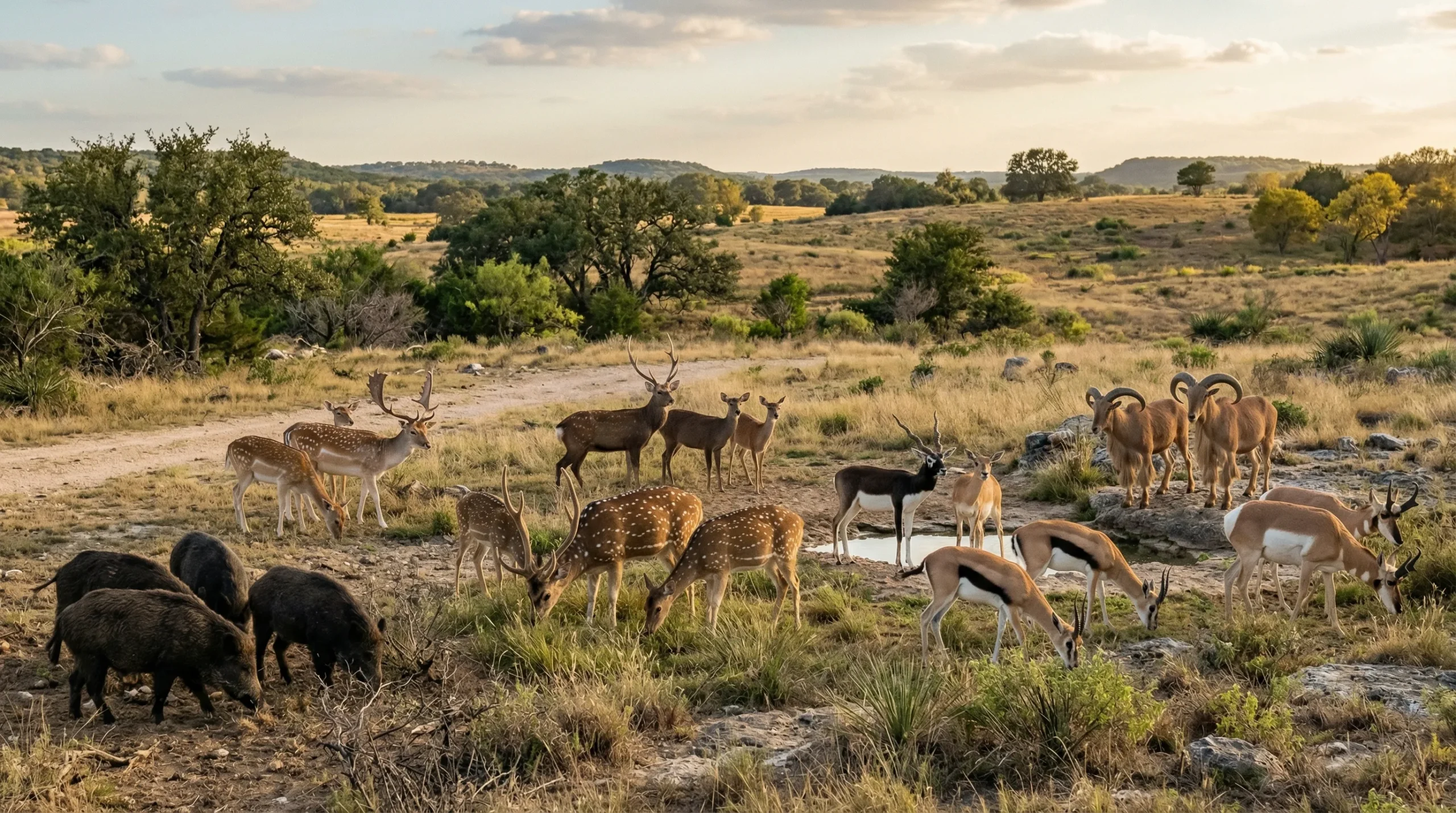 antelope, Aoudad sheep, Axis deer, Sika deer, Fallow deer, Thomson’s gazelle, Blackbuck antelope, feral hogs,