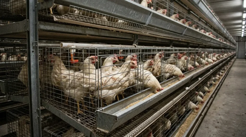 Restrained into Battery Cages