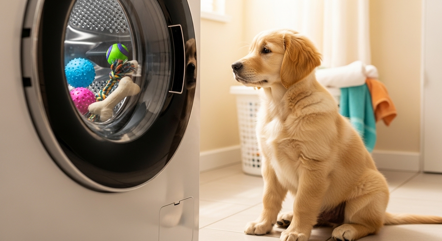 Golden Retriever Puppy’s Loyal Watch Over His Toys in the Washer Is Too Adorable