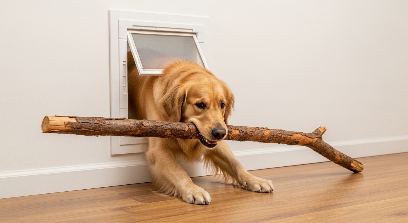 Golden Retriever Trying to Fit a Big Stick Through the Doggy Door Is Too Cute to Resist