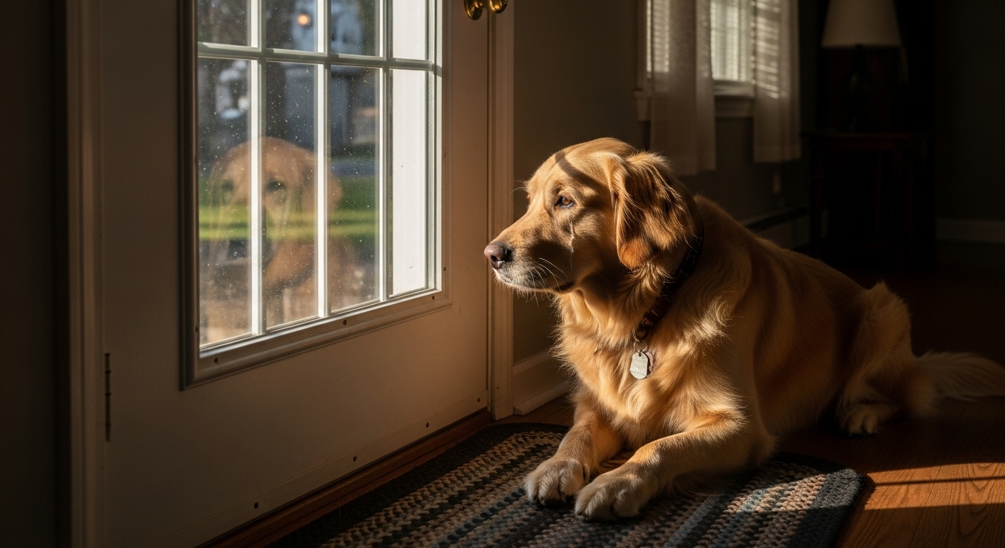 Golden Retriever Waiting at the Door After His Tiny Human Leaves Has Everyone Crying