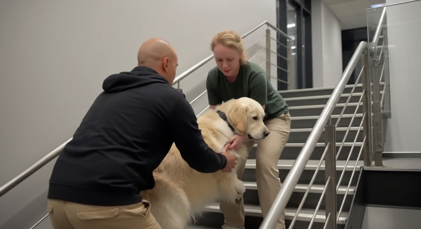 Owner Has a Plan as 100lb Golden Afraid of Stairs Finds Elevator Broken