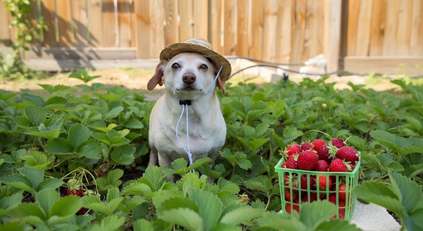 chihuahua wearing hat After Picking Strawberries His Own Way