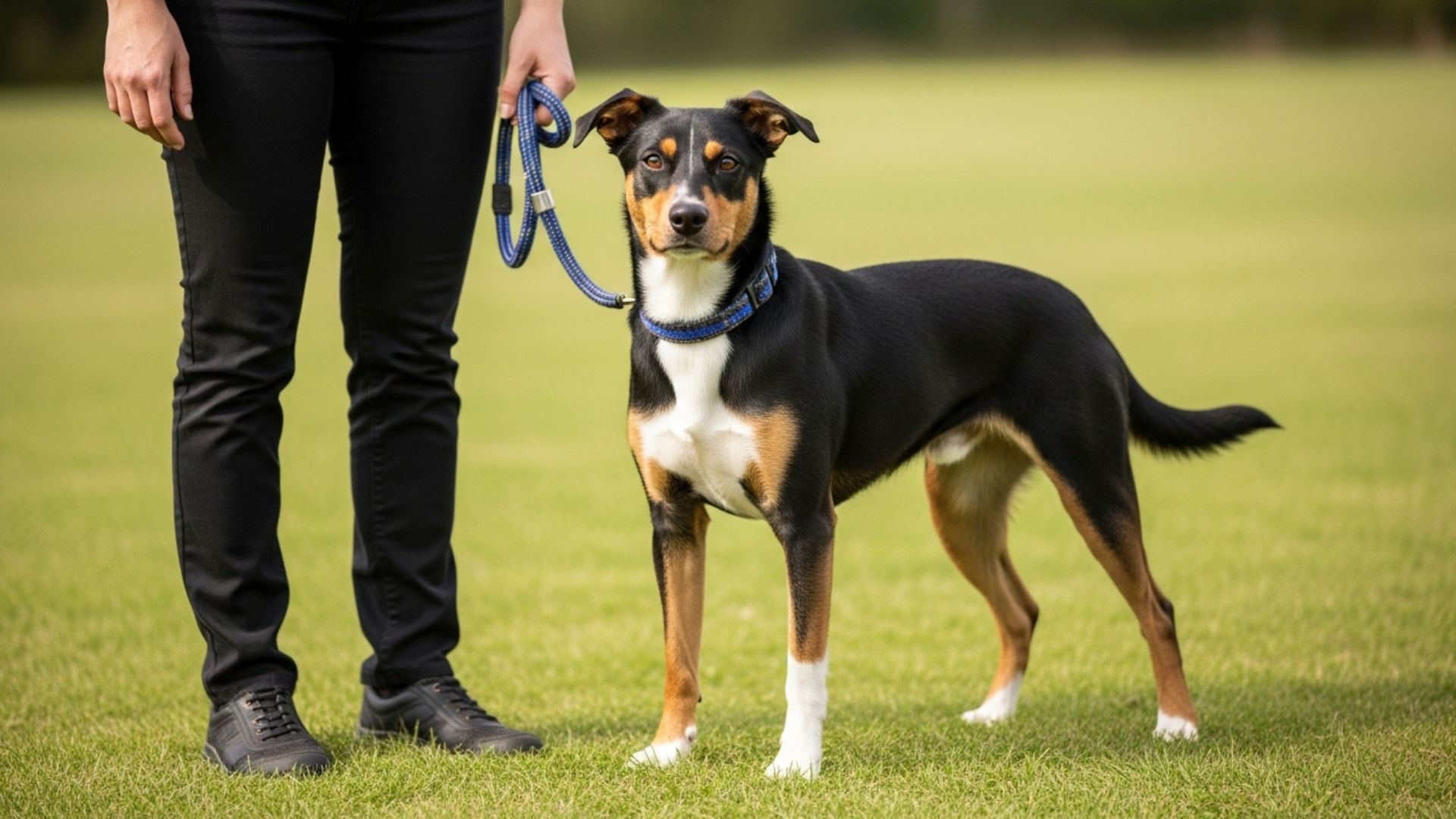 dog standing and owner wih dog image, and no text, and full dog image it also shows legs
