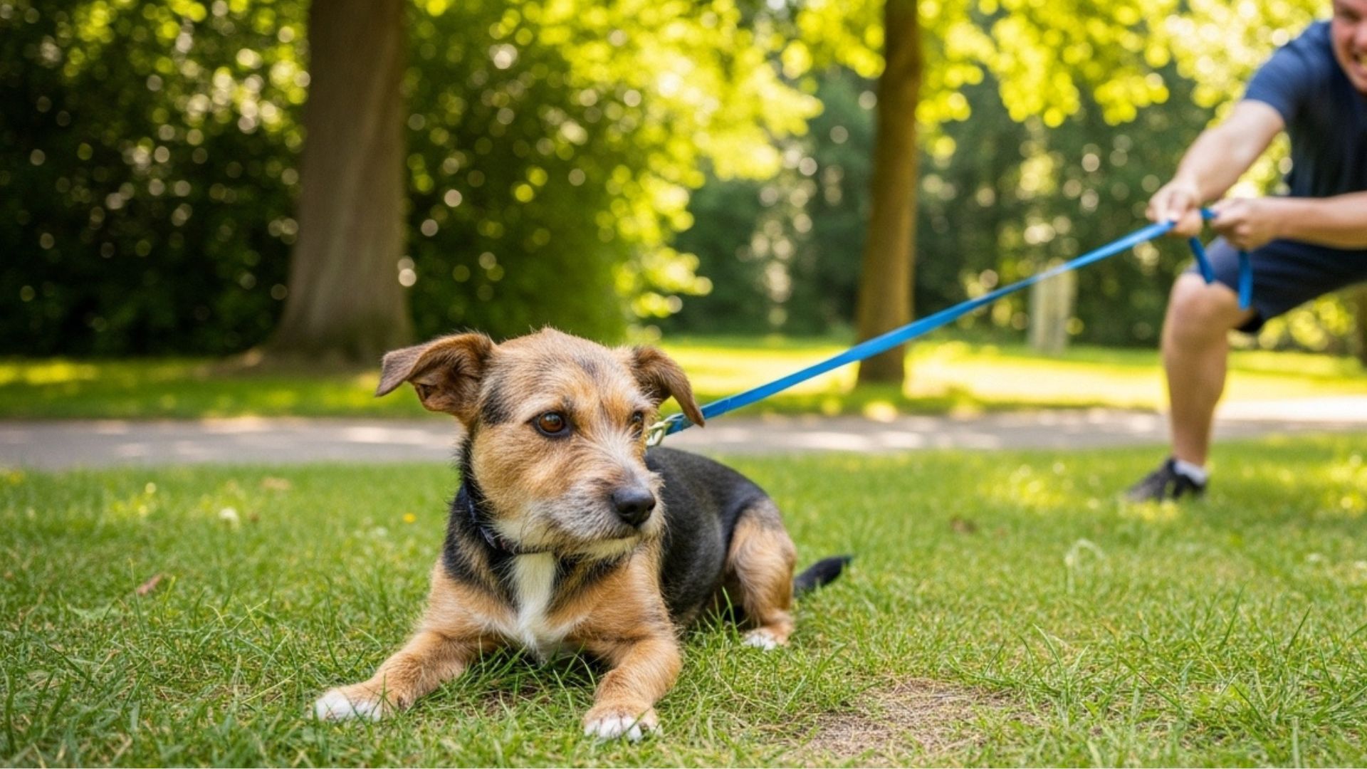 stubborn dog with angry owner