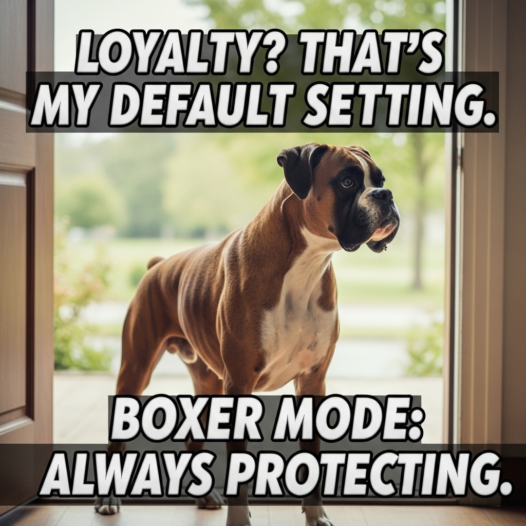 Top Text: "Loyalty? That’s My Default Setting."
Bottom Text: "Boxer Mode: Always Protecting."

Scene Description:
A muscular, alert Boxer standing in a protective stance—either at home beside its family or outdoors keeping watch. The dog should look strong but calm, reflecting both loyalty and confidence. Its focused gaze or slightly raised head should communicate readiness to guard. The background could be a home doorway, yard, or park, symbolizing its role as a family protector.

Text Style:

Font: Bold, white text with black outlines and a soft shadow to enhance readability.

Text Size: Medium (large enough to be clear but not overpowering the image).

Placement:

Top Text positioned near the upper edge, centered.

Bottom Text positioned near the lower edge, leaving space around the Boxer’s face and body.