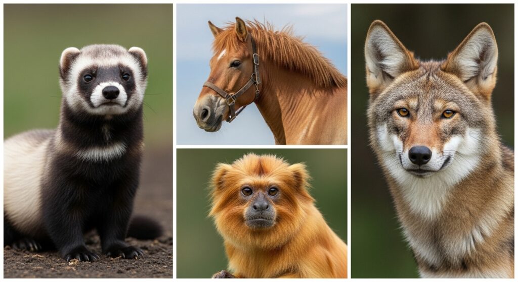Ferret, horse, wolf, and tamarin.