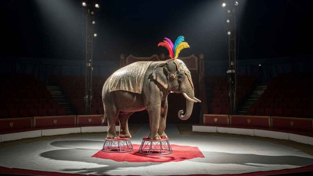 Elephant performing in a circus ring.