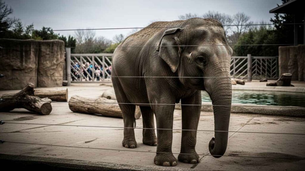 Elephant in a zoo enclosure.