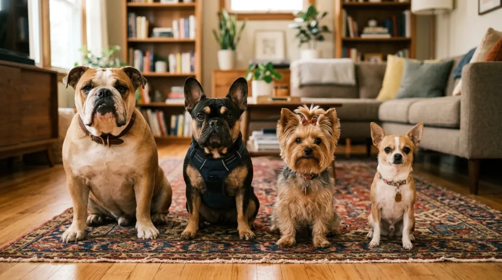 Four dogs sitting on a rug.