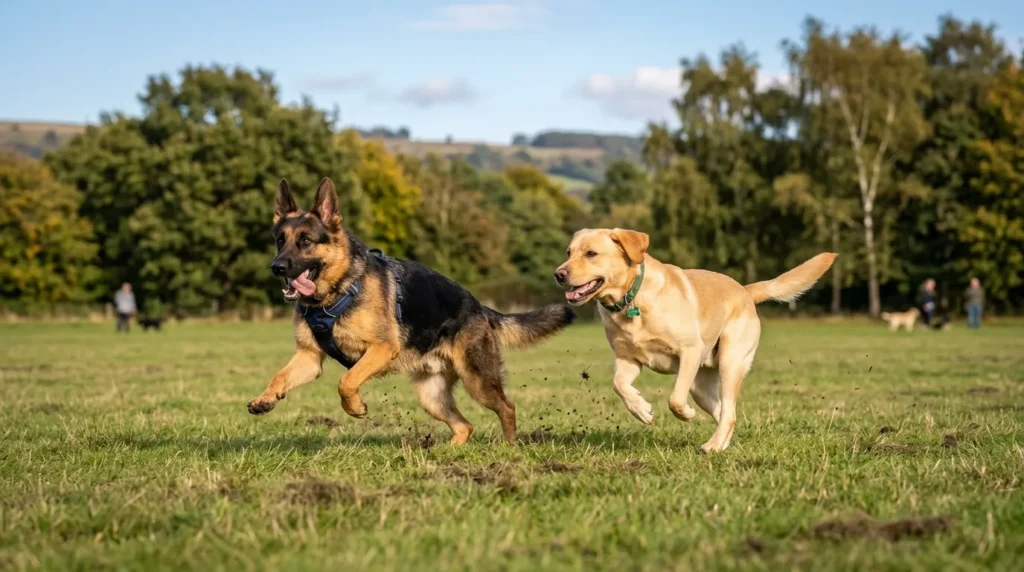 German Shepherd and Labrador are running in the ground


