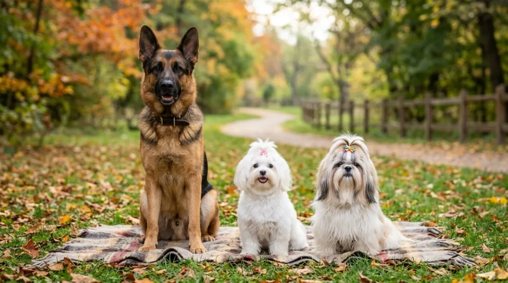 Three dogs sitting on a blanket.