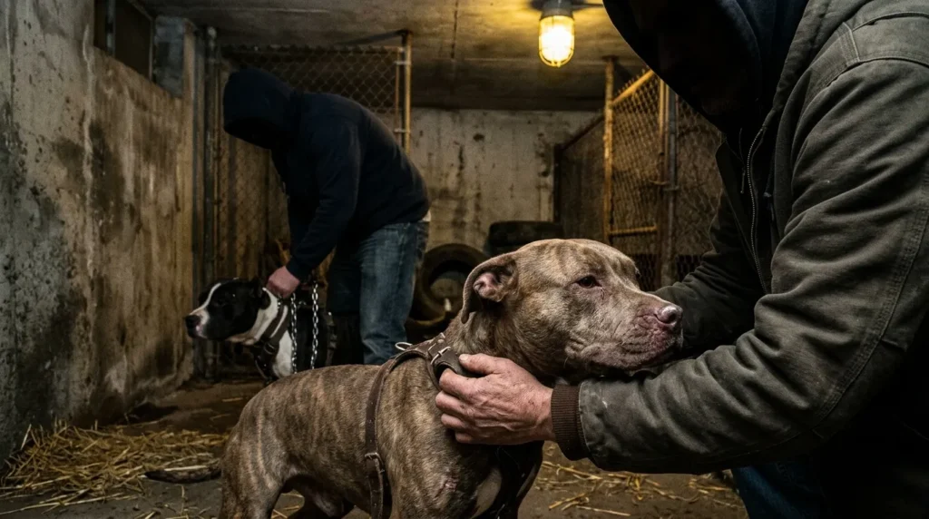 Two men handling pitbull dogs indoors.