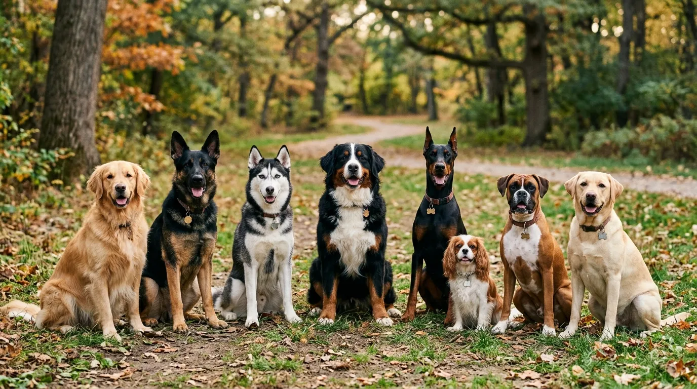 Eight dogs posing in a forest.