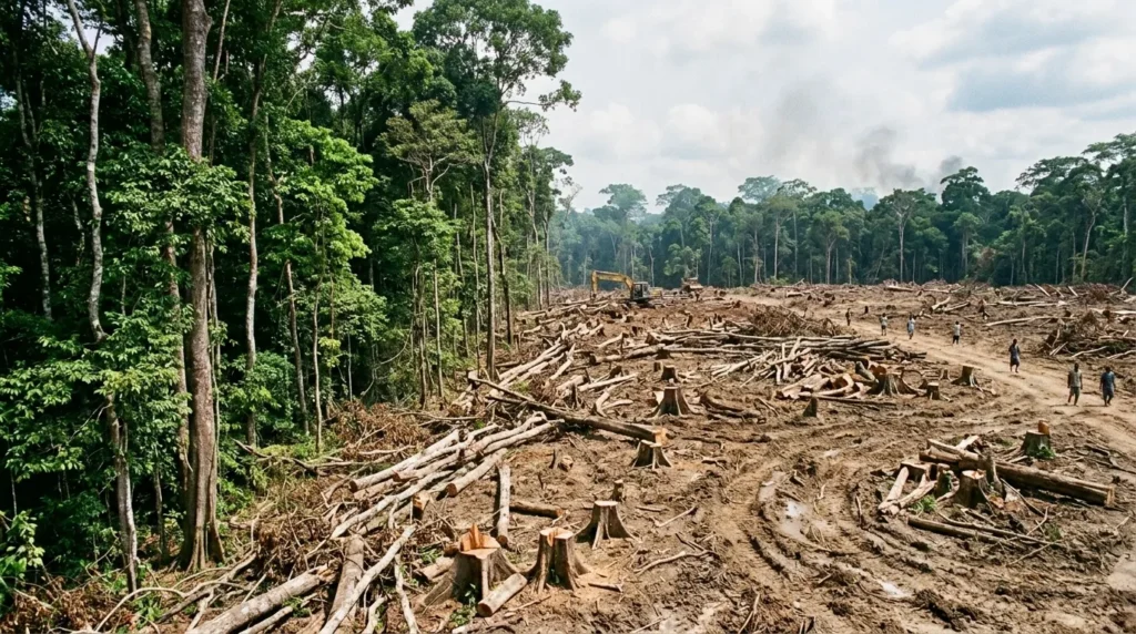 Cleared forest with tree stumps visible.