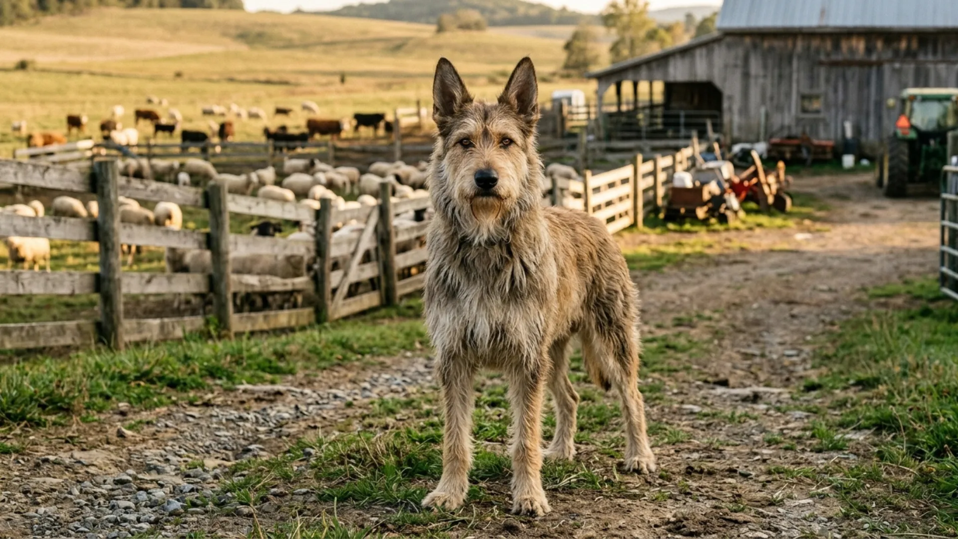 High-quality realistic full-body Berger Picard standing confidently in a working farm environment, clearly representing one of the legendary dog breeds for agriculture and herding. The dog is facing directly toward the camera with all four legs fully visible, strong balanced posture, and an alert herding stance. Face positioned prominently near the front of the frame with bright expressive eyes, natural catchlights, detailed facial features, distinctive erect ears, shaggy rustic coat, and strong focus on the face. The Berger Picard appears intelligent, loyal, energetic, and highly capable, conveying the confidence of a skilled livestock herding dog. Set in a realistic agricultural setting with visible sheep or cattle in the distance, wooden fencing, open pasture, and authentic farm elements that directly support the agriculture and herding theme. Slight depth of field keeps the farm background realistic and recognizable without excessive blur. Ensure the Berger Picard’s coat contrasts clearly with the surroundings so the dog stands out prominently. Natural golden-hour lighting, premium realism, detailed coat texture, professional canine photography, emotional connection, dynamic working-dog atmosphere, highly clickable Google Discover style feature image showcasing the breed’s legendary herding abilities. vibrant, emotional, professional photography. Do not include any text, writing, logos, or captions in the image.
