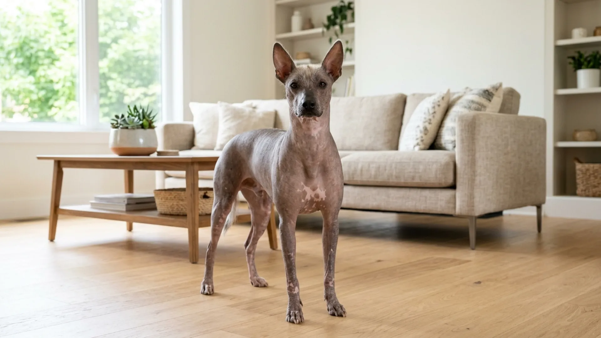 High-quality realistic full-body Peruvian Inca Orchid standing confidently in a bright, clean modern home interior, clearly representing a low-shedding dog breed with easy grooming and less mess. The dog is elegantly built with its distinctive hairless appearance, smooth skin, and refined athletic physique fully visible. Its face is positioned directly toward the front of the frame, clearly visible with bright expressive eyes, shiny eyes, detailed facial features, and strong focus on the face. The dog displays a calm, intelligent, affectionate expression and a relaxed, confident posture that reflects an easy-care companion. The realistic background features a tidy living room with clean floors, stylish furnishings, and a well-organized home environment that naturally reinforces the low-maintenance grooming theme. Slight depth of field keeps the indoor setting realistic and visible without excessive blur. Soft natural daylight highlights the dog’s unique skin texture and elegant form while creating clear contrast between the dog and the interior surroundings so the subject stands out prominently. Natural colors, authentic textures, emotional warmth, premium magazine-quality composition, centered subject, highly clickable Google Discover style feature image emphasizing cleanliness, convenience, elegance, and companionship. vibrant, emotional, professional photography. Do not include any text, writing, logos, or captions in the image.