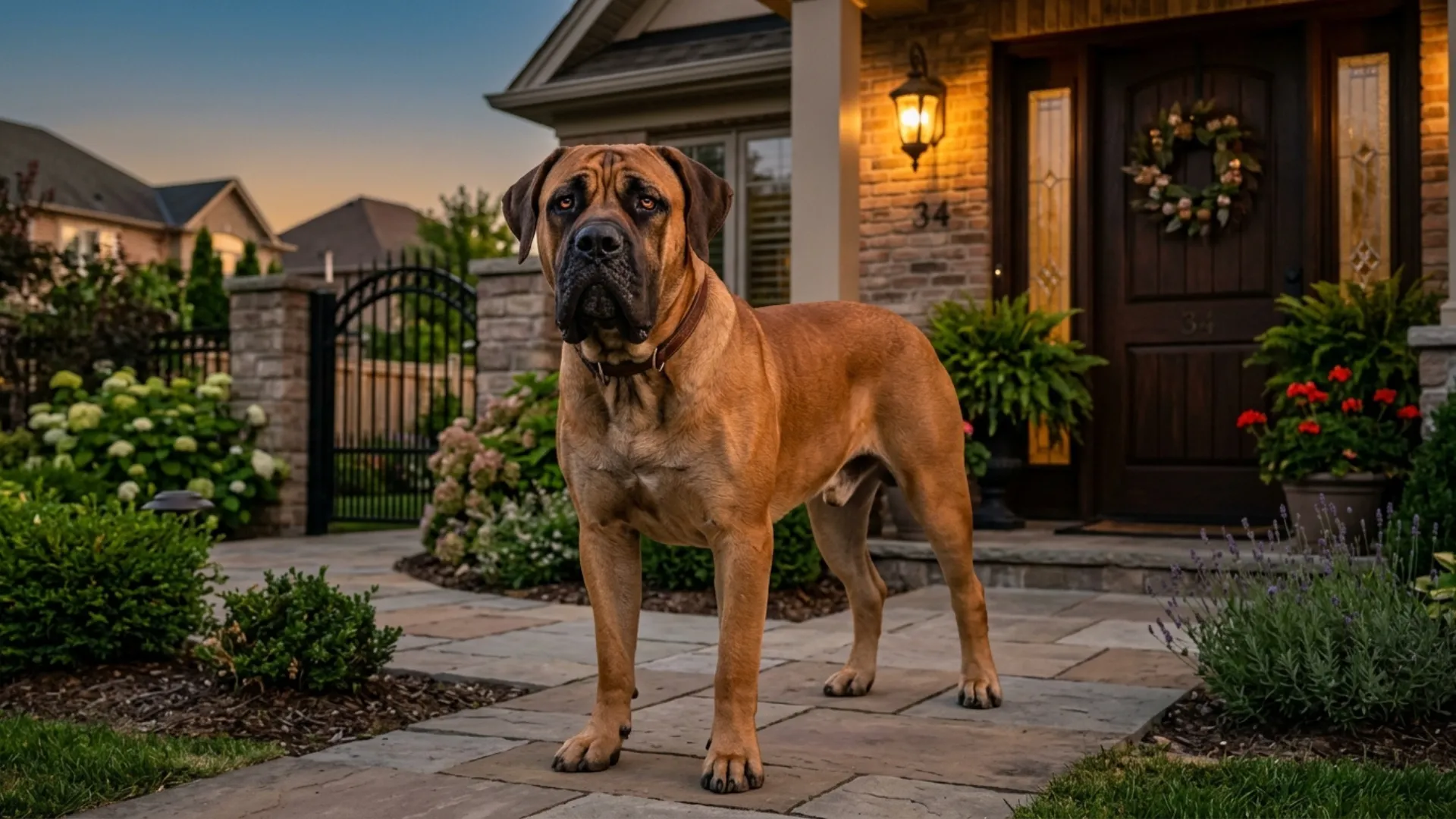 Ultra-realistic full-body Boerboel standing confidently in front of a well-kept suburban home entrance at dusk, clearly portraying the best calm temperament dog for home defense. The Boerboel appears large, muscular, powerful, and impressive, with a relaxed but alert posture that conveys confidence, loyalty, and protective instincts without aggression. The dog’s face is positioned toward the front of the frame, filling a strong focal area, with bright expressive eyes, shiny eye reflections, detailed facial features, natural wrinkles, and sharp focus on the face. Rich, healthy coat texture with realistic lighting and clear contrast against the warm-toned home exterior and front gate. The background shows a realistic residential setting with visible front door, pathway, fence, and subtle evening security lighting, creating a sense of safety and protection. Slight depth of field keeps the environment recognizable while emphasizing the dog. Natural colors, professional composition, emotional connection, highly clickable Google Discover feature image, premium pet photography, ultra-detailed fur, realistic shadows, cinematic lighting, trustworthy guardian presence, vibrant, emotional, professional photography. Do not include any text, writing, logos, or captions in the image.
