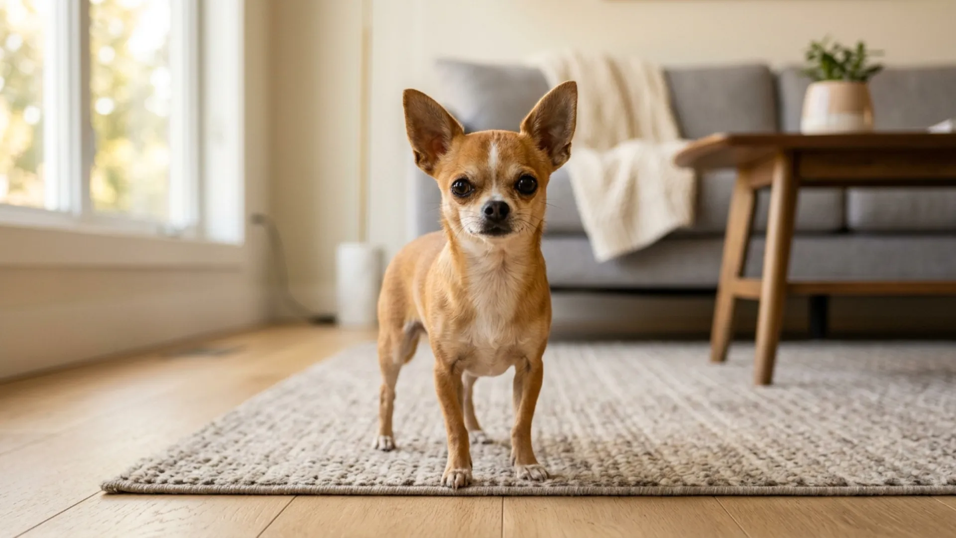 Ultra-realistic full-body Chihuahua standing in a cozy modern living room designed for small toy dog breeds, softly lit with warm natural window light creating a gentle golden glow. The Chihuahua is extremely small, clearly emphasizing its miniature “toy breed” size, with a delicate compact body, fine legs, and a slightly fluffy smooth coat. The dog is facing directly toward the camera with its head slightly raised, eyes bright, shiny, expressive, and highly detailed, creating a strong emotional and eye-catching focal point. Its ears are upright and alert, and its facial expression is cute, curious, and affectionate, perfectly matching the “best small dog breeds that stay truly petite” concept. The coat color is rich and contrasting (warm tan with subtle white markings) so it clearly stands out against the softly blurred cozy indoor background, which includes a modern sofa, soft rug, and minimal home décor elements—kept realistic and not distracting. The depth of field is slight, keeping the Chihuahua sharply in focus while maintaining visible but gently softened background details for realism. The dog’s posture is confident yet adorable, standing neatly with balanced symmetry, emphasizing its tiny size and charm. Highly detailed fur texture, realistic anatomy, professional pet photography style, crisp focus on face and eyes, natural shadows, cinematic composition, centered framing, premium studio-quality look, emotionally appealing and highly clickable composition. vibrant, emotional, professional photography. Do not include any text, writing, logos, or captions in the image.