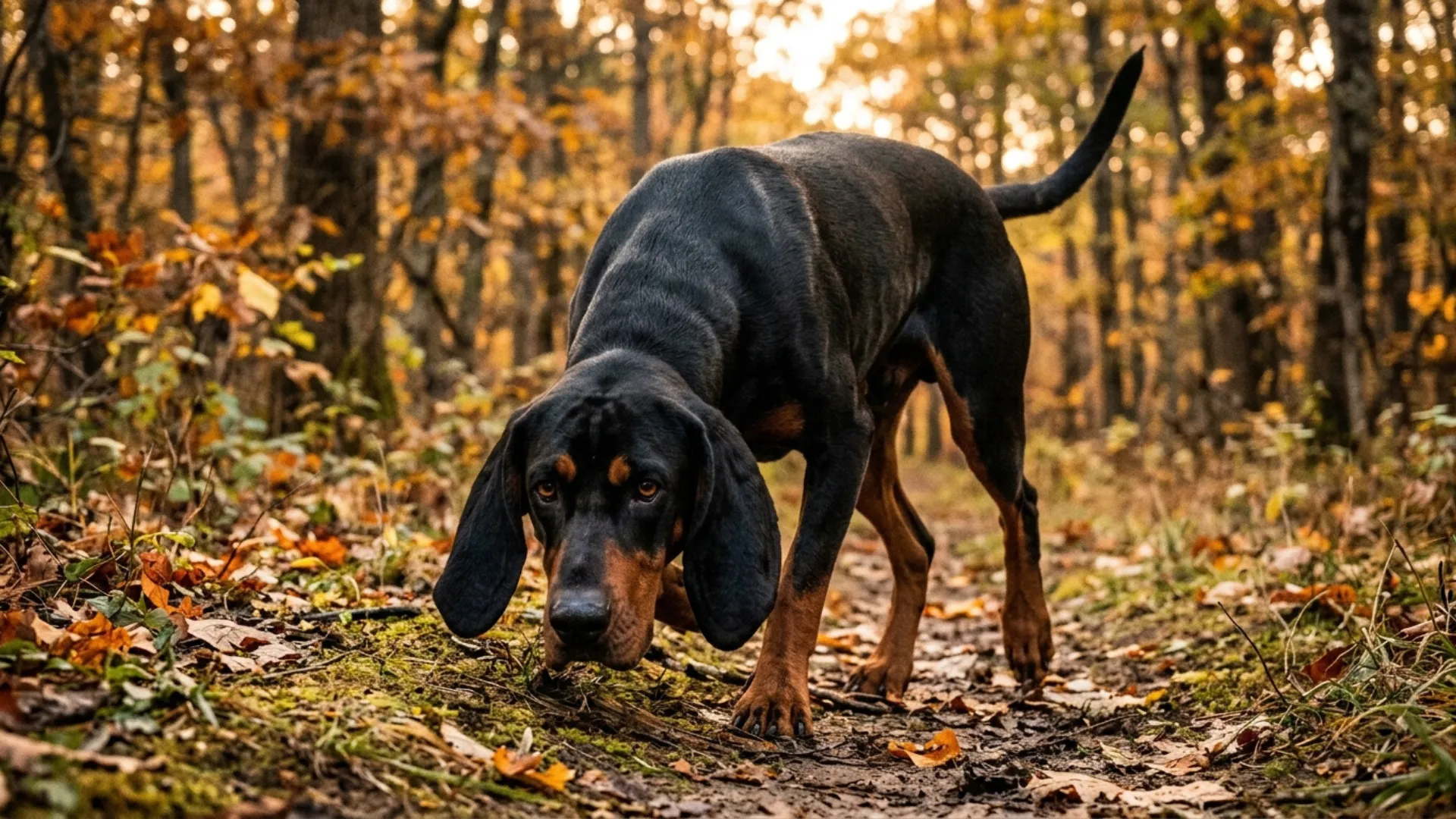 A full-body portrait of a strong, athletic, and intensely focused Black and Tan Coonhound captured in a powerful low tracking stance on a rugged woodland field trail at golden hour, with its broad glistening black nose pressed actively to the damp earth and its entire muscular body locked in purposeful forward motion along a natural scent trail. The dog faces directly forward and slightly upward toward the camera with a driven, alert, and deeply expressive expression, featuring large round shiny hazel-brown eyes glowing with keen intelligence and unstoppable tracking determination, a broad wide jet-black nose visibly moist and flared with active scenting, long velvety black ears sweeping close to the ground on either side of its strong noble head, and a striking jet-black and rich mahogany tan short dense coat sitting sleek and bold over a visibly large, powerful, and athletically muscled working dog frame that immediately communicates endurance, strength, and elite field capability. The Black and Tan Coonhound appears visibly large, rugged, and impressively built for serious fieldwork, with a deep broad chest close to the earth, thick strong legs driving purposefully forward along the trail, a long strong tail carried actively upright, and its entire powerful working posture radiating centuries of refined tracking instinct, relentless field drive, and the kind of unstoppable nose-to-ground determination that makes this breed one of the greatest tracking and field working dogs ever developed. Its face is centered and sharply in focus, with glowing intelligent hazel eyes, dramatically long velvety ears, and a wide glistening black nose as the powerful and deeply compelling visual centerpiece of the image, perfectly communicating the breed's legendary reputation as one of the finest and most capable tracking and field work dogs in the world. The background shows a realistic open woodland field environment at golden hour with a natural dirt trail cutting through a forest edge, tall trees with warm amber and gold autumn light filtering through the canopy, patches of damp earth and scattered fallen leaves along the trail floor, and a warm glowing golden sky visible through the tree line in the distance, creating a rich, immersive, and authentically rugged field tracking atmosphere. The bold jet-black and rich mahogany tan coat of the Black and Tan Coonhound contrasts powerfully and beautifully against the warm amber, gold, and earthy brown tones of the autumn woodland field background, making the large athletic tracking dog stand out with striking visual clarity and raw working dog magnetism. Slight depth of field keeps the golden hour woodland field trail background warmly and realistically visible while keeping razor-sharp focus on the powerful, driven, and magnificently built Black and Tan Coonhound commanding the foreground with total working dog authority. The overall mood is driven, powerful, focused, rugged, and deeply impressive, perfectly representing one of the top dog breeds ideally suited for tracking and field work at the highest level. Vibrant, emotional, professional photography. Do not include any text, writing, logos, or captions in the image.