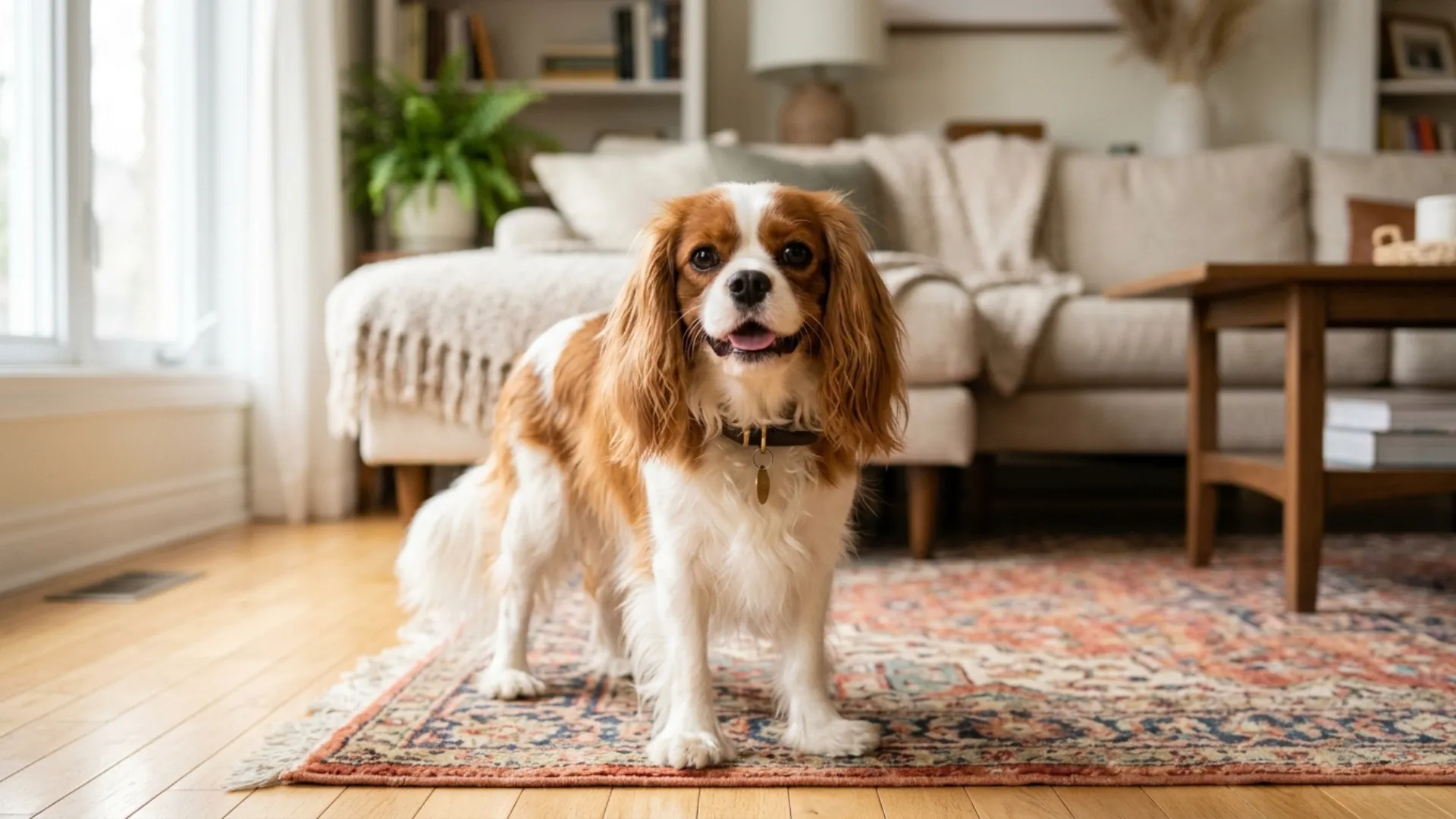 Ultra-realistic, high-quality full-body portrait of a Cavalier King Charles Spaniel designed to represent one of the easiest dog breeds for first-time owners. The dog is shown as small, adorable, and approachable, standing in the center foreground with its full body clearly visible. Its face is directed toward the camera, featuring bright, shiny eyes, soft facial expressions, and exceptionally detailed features that instantly create a sense of warmth, trust, and companionship. The long, silky ears frame the face beautifully, enhancing its sweet and friendly appearance. The Cavalier King Charles Spaniel has a luxurious, silky coat with rich Blenheim markings (chestnut and white) or ruby tones, rendered with highly realistic texture and detail. Its posture is calm, relaxed, and welcoming, conveying a gentle temperament, affectionate personality, and ease of care. The dog appears attentive yet peaceful, making it ideal for new pet owners. The setting is a cozy, bright home interior with comfortable furnishings, soft natural daylight, and a warm, inviting atmosphere. A tidy living room or family space provides a realistic backdrop that reinforces the breed’s suitability as a low-stress companion for beginners. Slight depth of field keeps the dog perfectly sharp while maintaining a visible and believable home environment. Lighting is soft and natural, highlighting the silky coat, sparkling eyes, and fine facial details. The coat color contrasts clearly with the warm neutral interior, ensuring the dog stands out as the focal point. The composition is heartwarming, emotionally engaging, professional, and highly clickable for a Google Discover style feature image focused on easy-to-care-for dog breeds for first-time owners. vibrant, emotional, professional photography. Do not include any text, writing, logos, or captions in the image.