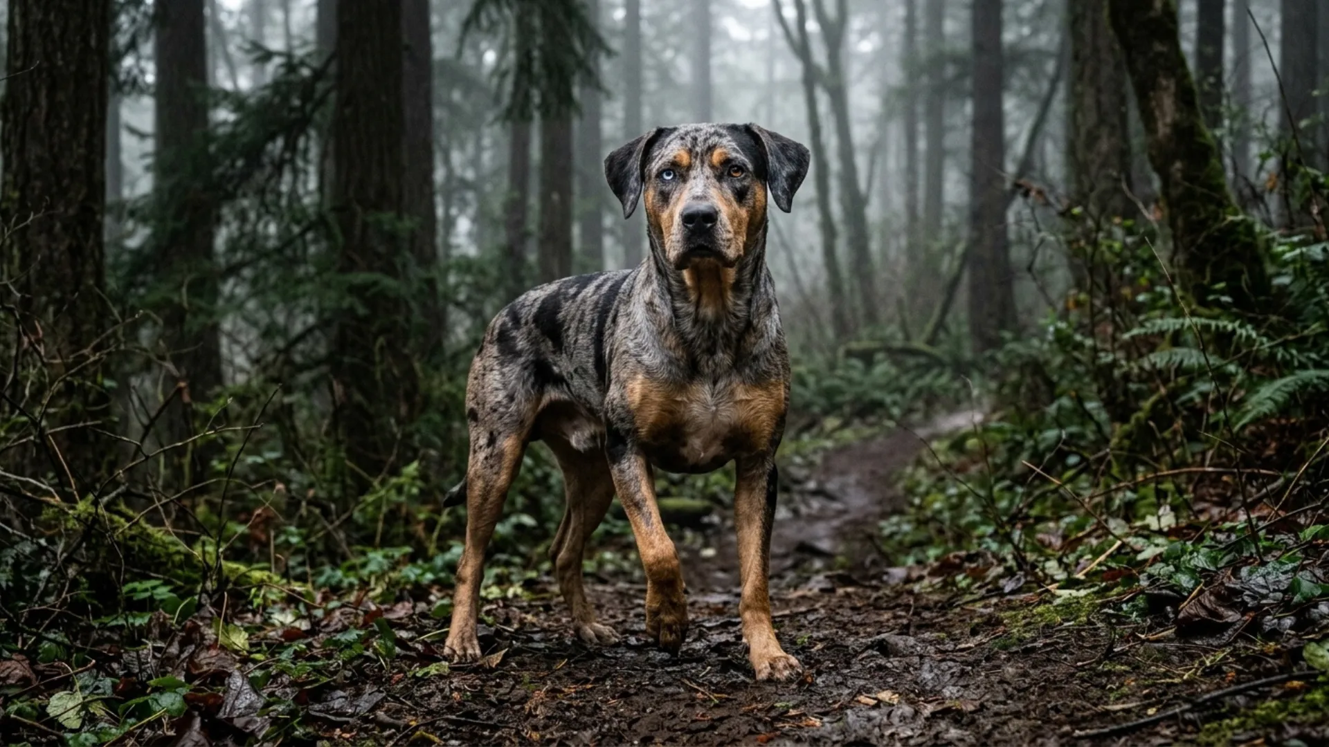 A stunning, full-body realistic photograph of a Catahoula Leopard Dog standing alert and powerful in a dense, misty forest clearing at the edge of a rugged hunting trail, surrounded by thick undergrowth, fallen leaves, and muddy terrain that evokes wild boar country. The dog is mid-stance, chest forward, muscles visibly toned and ready, with one paw slightly raised as if tracking a scent, conveying fearless focus and raw hunting instinct. The face is positioned directly toward the front of the frame, clearly lit by soft natural daylight filtering through the tree canopy, with shiny, intense glass-blue or heterochromatic eyes that are sharp, expressive, and deeply compelling. The coat displays the breed's signature merle and brindle patchwork pattern in blue, gray, black, and tan, contrasting boldly against the dark greens and earthy browns of the forest floor so the dog stands out with striking visual clarity. The expression is alert, fearless, and intelligent, with ears slightly raised, nostrils flared, and jaw relaxed but ready. Slight depth of field keeps the misty forest background realistically visible, with towering dark trees and dappled shadows hinting at a wild, untamed hunting environment. The overall mood is powerful, primal, and adventurous. Vibrant, emotional, professional photography. Do not include any text, writing, logos, or captions in the image.