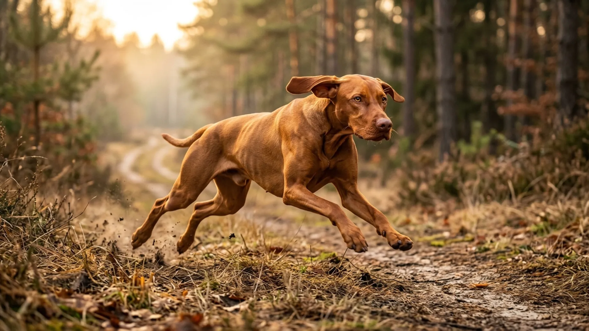 Ultra-realistic full-body Vizsla captured mid-sprint in an open woodland edge at golden sunrise, embodying extreme speed, agility, and focused hunting drive while pursuing unseen deer through natural terrain. The dog is lean, athletic, and powerfully built, with a sleek rust-golden coat that glows under warm early morning light. Its body is fully extended in motion, muscles clearly defined, paws just above the ground, showing explosive acceleration and pursuit energy. The Vizsla’s face is positioned toward the front of the frame, sharp and highly detailed, with bright, expressive amber eyes locked forward in intense focus, ears swept back by wind and speed. Its expression is determined, alert, and highly energetic, perfectly matching the concept of high-speed pursuit. The coat texture is crisp and realistic, with subtle motion flow in fur emphasizing velocity. The background shows a realistic forest-meadow transition zone with soft earthy tones, faint trails, and distant tree lines suggesting deer movement paths, but without any visible animals. The environment is detailed yet naturally balanced, allowing the dog to remain the clear visual focal point. Slight depth of field enhances subject clarity while maintaining recognizable natural surroundings. Cinematic wildlife action photography style, natural dynamic lighting, ultra-sharp focus on face and body, professional sports-wildlife hybrid composition, dramatic motion realism, centered framing, emotionally intense and visually striking. vibrant, emotional, professional photography. Do not include any text, writing, logos, or captions in the image.