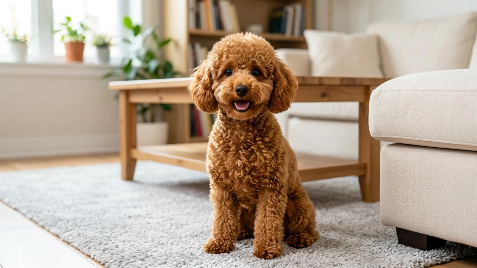 High-quality realistic full-body Shih Tzu, visibly small, adorable, and fluffy, standing confidently in a stylish, cozy apartment living space that perfectly represents a great dog breed for small-space dwellers. The dog faces directly toward the front of the frame with a clearly visible, bright, expressive face, large shiny eyes, detailed facial features, and strong focus on the face. Its luxurious flowing coat is beautifully groomed and highly detailed, while its cheerful, affectionate expression and relaxed posture convey happiness, companionship, and comfort in compact living. The realistic background features a modern apartment interior with a comfortable sofa, compact furniture, warm natural light, and tasteful décor that highlights an inviting small-home environment. Slight depth of field keeps the apartment setting realistic and clearly visible without excessive blur. The Shih Tzu’s coat contrasts distinctly with the indoor surroundings, ensuring the dog stands out prominently. Natural lighting, authentic textures, emotional warmth, premium magazine-quality composition, centered subject, highly clickable Google Discover style feature image emphasizing apartment-friendly living, charm, and companionship. vibrant, emotional, professional photography. Do not include any text, writing, logos, or captions in the image.
