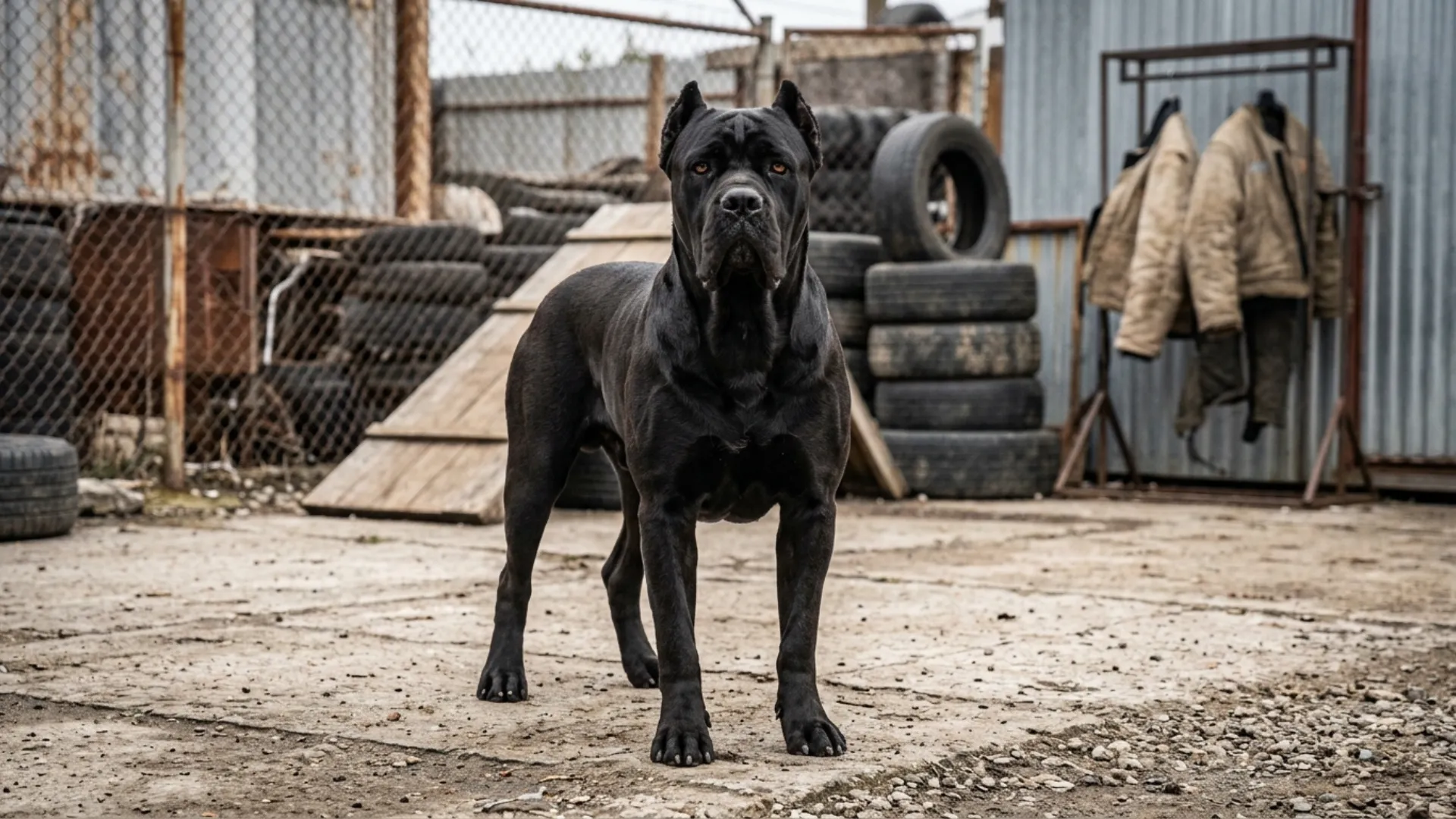 Ultra-realistic, high-quality full-body Cane Corso standing powerfully in a rugged industrial training yard designed for heavy task performance, massive muscular physique clearly emphasized, large intimidating yet controlled guard-dog presence, front-facing face positioned prominently toward the camera, bright intense expressive eyes with sharp focus, crystal-clear facial detail, strong jawline and cropped ears visible, confident fearless expression showing discipline and working capability, grounded stance with firm posture as if ready for protection or load-bearing tasks, conveying strength, endurance, and working intelligence, realistic environment featuring industrial textures such as concrete ground, subtle metal structures, and training equipment in the background, setting directly aligned with heavy-duty working and protection roles, slight depth of field while keeping the environment recognizable and realistic, dramatic natural lighting highlighting muscle definition and powerful anatomy, coat (deep black, fawn, or gray tones) contrasting strongly against muted industrial surroundings so the dog stands out clearly, strong emphasis on full-body structure and athletic power, professional canine photography, ultra-detailed fur and muscle texture, cinematic realism, emotionally intense and commanding composition designed for high engagement, highly clickable Google Discover style feature image, vibrant, emotional, professional photography. Do not include any text, writing, logos, or captions in the image.
