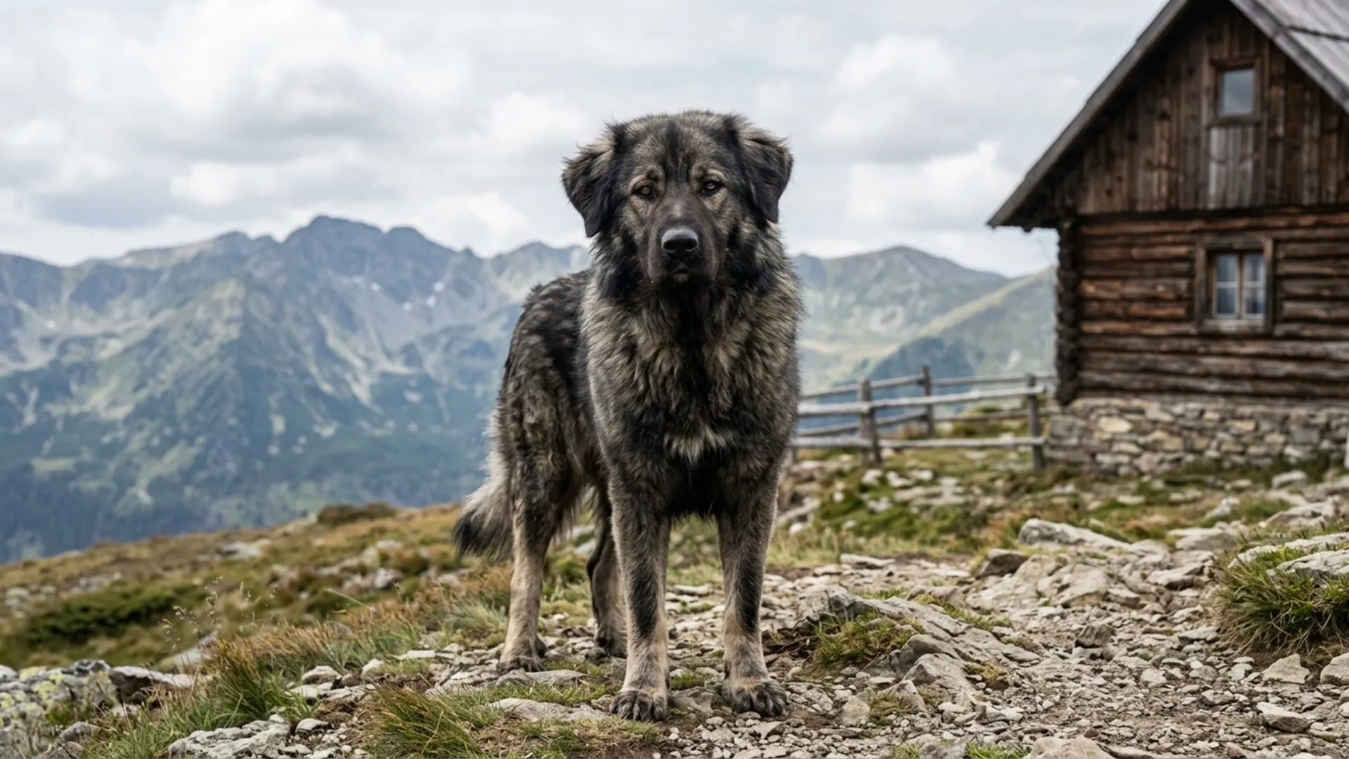 Ultra-realistic full-body Romanian Carpathian Shepherd standing confidently on a quiet remote mountain plateau near a rustic wooden cabin, representing independence and resilience when left alone. The dog is large, powerful, and strongly built with a thick weather-resistant coat, clearly emphasizing its guardian and protective nature. It is facing directly toward the camera with a steady, calm yet alert expression, ears forward, and eyes sharp, shiny, and highly detailed, creating a strong emotional focal point that reflects intelligence, loyalty, and independence. The dog’s posture is proud and stable, standing firmly on rocky ground with subtle wind moving through its dense fur, enhancing its rugged and resilient appearance. Its coat is a natural blend of dark gray and sable tones that contrasts strongly against the muted mountain landscape and soft overcast sky, ensuring the dog remains the central visual focus. The background shows distant mountains and a simple isolated cabin, clearly reinforcing the “resilient dog breeds that shine when left alone” concept without being overly blurred, maintaining realistic environmental detail. Slight depth of field with cinematic realism, natural outdoor lighting, highly detailed fur texture, professional wildlife-grade pet photography style, centered composition, crisp focus on face and eyes, emotional and powerful atmosphere, visually striking and highly clickable composition. vibrant, emotional, professional photography. Do not include any text, writing, logos, or captions in the image.