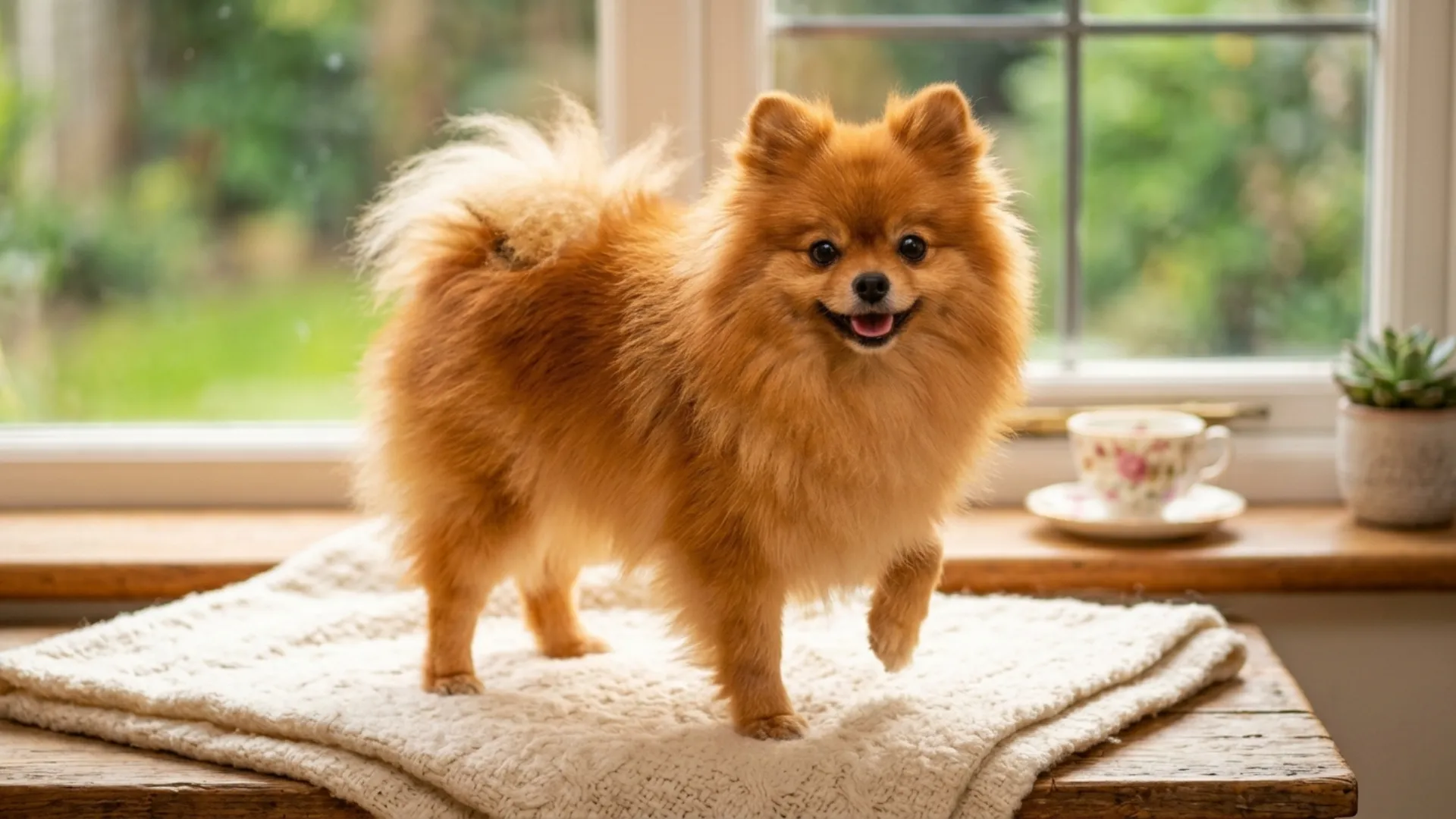 Show moreA high-quality, realistic, full-body Pomeranian standing on a soft cream-colored blanket atop a cozy indoor windowsill, shown as visibly tiny, pocket-sized, and irresistibly adorable. The dog's vivid orange-red fluffy coat is full, voluminous, and perfectly groomed, contrasting beautifully against the soft white and pale gray tones of the indoor setting. The dog's face is positioned toward the front of the frame, clearly visible, bright, and eye-catching, with shiny round dark eyes, a tiny button nose, perky upright ears, and an expressive, joyful smile that radiates playful charm. Its small body is captured in a perky, alert stance, one tiny paw lifted as if mid-prance, fluffy tail curled high over its back, exuding lively, spirited energy fitting its tiny stature. Soft natural daylight pours through a nearby window, gently illuminating the dog's fur and giving it a warm, glowing halo effect that highlights its fluffiness. A few small soft cushions and a delicate teacup rest nearby in the background, subtly emphasizing the dog's tiny scale and cute charm. Slight depth of field keeps the cozy indoor background realistic and visible, not overly blurred. The overall mood is cheerful, sweet, and endearing, capturing the delightful charm of a breed that stays tiny and adorable forever. vibrant, emotional, professional photography. Do not include any text, writing, logos, or captions in the image.