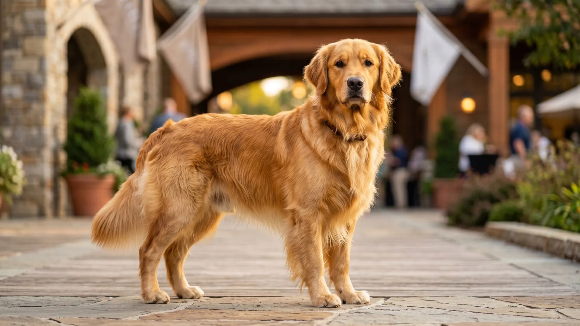 Ultra-premium Google Discover feature image of a magnificent full-body Golden Retriever with an exceptionally rich, radiant golden coat displaying breathtaking color depth, from luminous cream-gold highlights to deep honey and amber tones shimmering naturally in the light. The dog stands confidently on a polished outdoor show promenade during golden hour, body angled slightly while the face looks directly toward the camera, dominating the composition with bright, soulful, crystal-clear eyes, sharp facial detail, glossy nose, and an irresistibly warm, intelligent expression. Every strand of the luxurious feathered coat is visible, flowing naturally with subtle movement, creating a dramatic showcase of stunning coat coloration and texture. The background features an elegant canine exhibition setting with tasteful neutral tones, soft architectural elements, and warm sunlight reflecting gently across the scene, enhancing the coat without distracting from the subject. Slight depth of field keeps the environment realistic and visible while drawing powerful attention to the dog. Strong color contrast ensures the brilliant golden coat stands out boldly from the surroundings. Cinematic lighting, ultra-realistic detail, award-winning pet photography, premium editorial quality, emotional connection, perfect symmetry, exceptional sharpness, highly clickable and scroll-stopping Google Discover thumbnail composition, luxury magazine cover aesthetic, vibrant, emotional, professional photography. Do not include any text, writing, logos, or captions in the image.