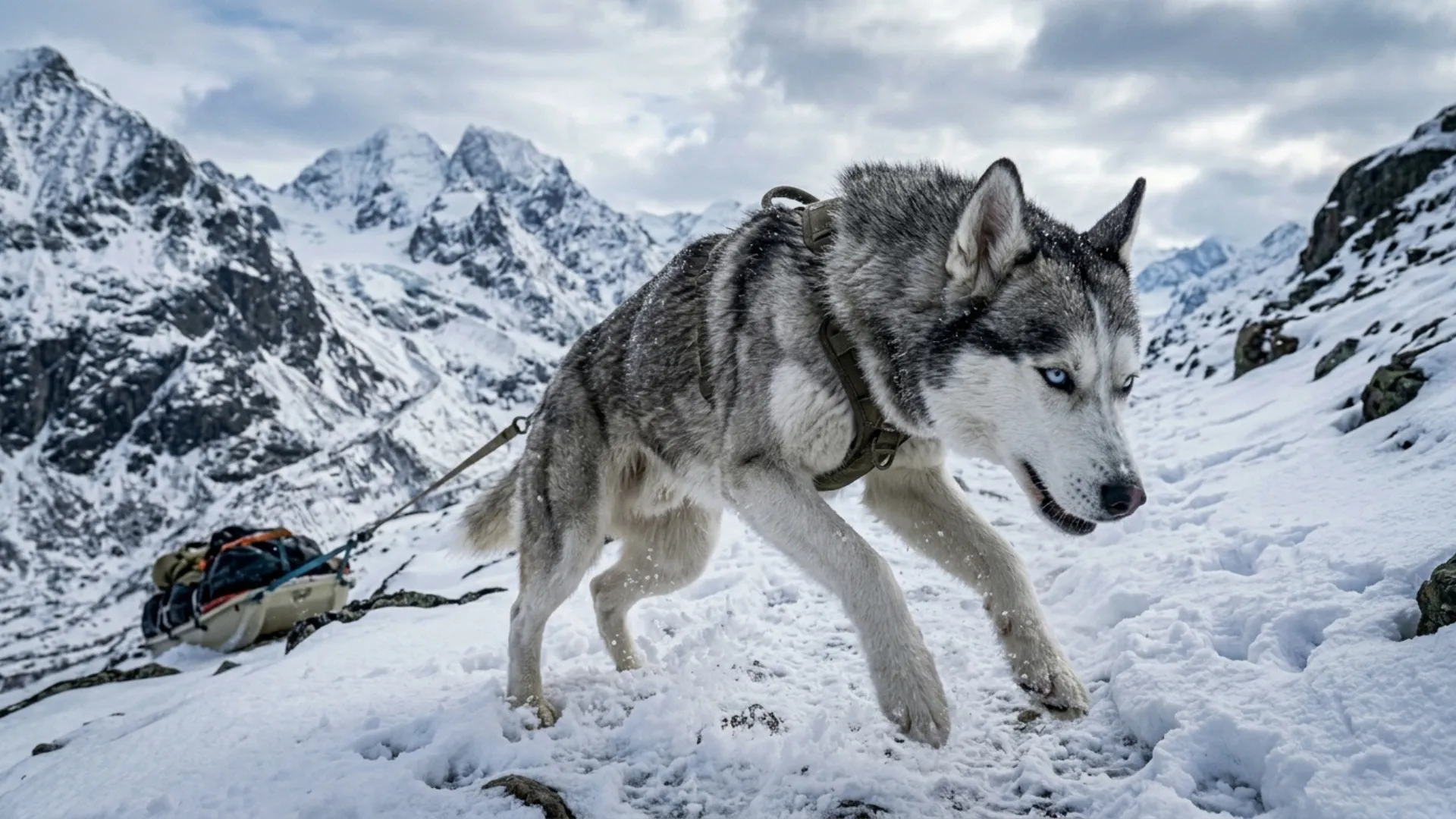 Ultra-realistic full-body Siberian Husky standing powerfully on a rugged snow-covered mountain trail, clearly representing a dog breed exhibiting incredible physical power. The Siberian Husky appears strong, athletic, muscular, and highly impressive, with a powerful working-dog physique, thick weather-resistant coat, and commanding presence. Face positioned directly toward the front of the frame, clearly visible and highly eye-catching, featuring piercing bright blue eyes, exceptional facial detail, alert ears, a determined expression, and strong focus on the face. The dog stands in a confident, powerful stance as if ready to pull heavy loads across extreme terrain, showcasing endurance, strength, resilience, and working ability. Realistic cold-climate setting with snowy mountains, icy trails, dramatic winter skies, and rugged terrain that emphasizes the breed’s legendary physical capabilities. Slight depth of field keeps the mountain environment visible and realistic without excessive blur. The Husky’s striking gray-and-white coat contrasts clearly against the snowy landscape, ensuring the dog stands out prominently. Highly detailed fur texture, realistic anatomy, energetic posture, fearless spirit, emotional connection, premium Google Discover feature image composition, highly clickable, professional outdoor pet photography with exceptional realism and detail, cinematic lighting, powerful atmosphere, vibrant, emotional, professional photography. Do not include any text, writing, logos, or captions in the image.