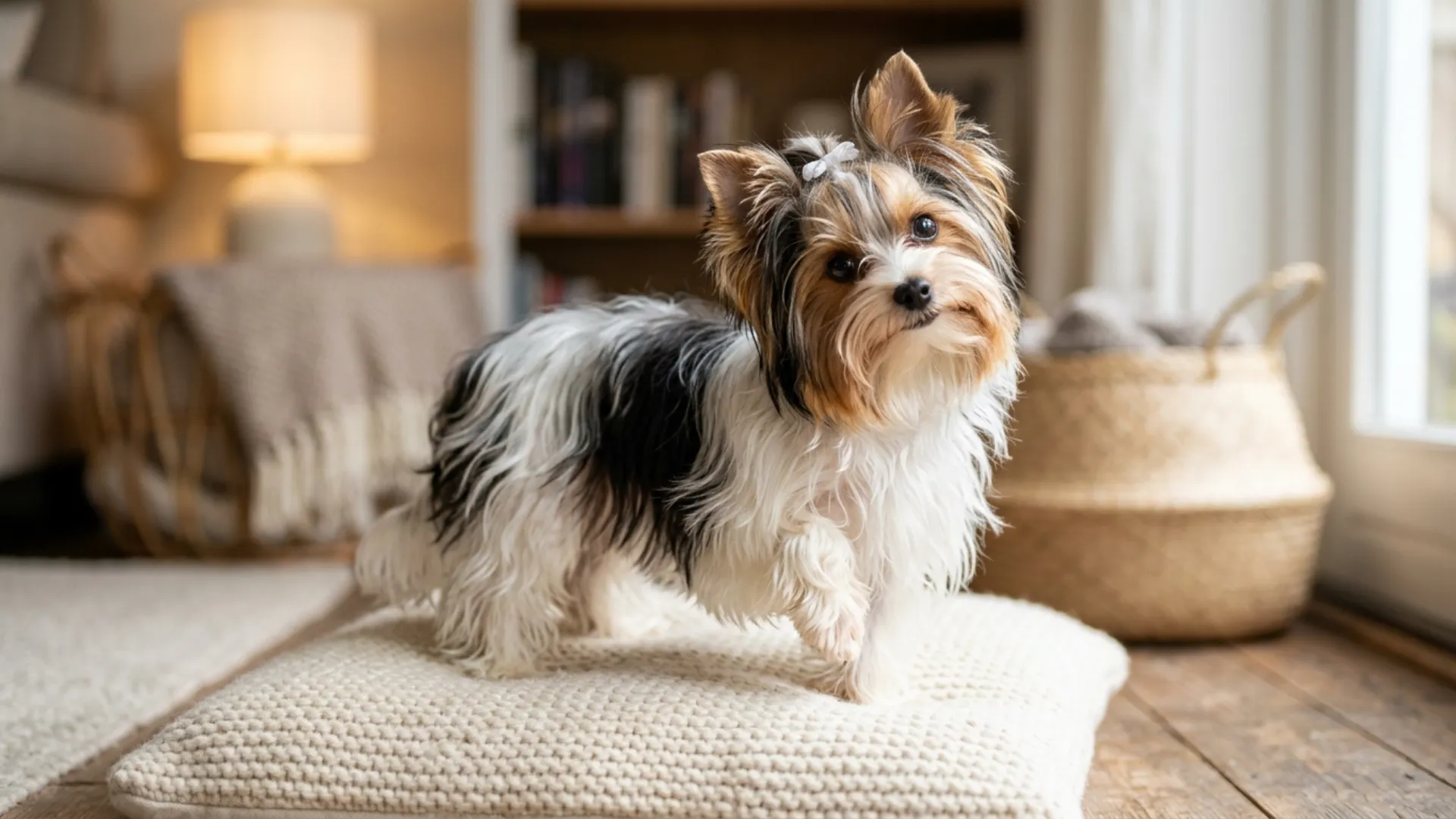 A high-quality, realistic, full-body Biewer Terrier, visibly tiny, pocket-sized, and adorable, with a long silky tri-color coat of white, black, and gold-tan flowing gently around its small frame. The dog stands or sits on a soft plush cushion in a cozy, softly lit indoor setting, giving a clear sense of scale to emphasize its miniature size. Its face is positioned toward the front of the frame, clearly visible, bright, and expressive, with shiny, glossy eyes, crisp facial detail, and a cute, gentle, curious expression, ears perked, head slightly tilted. The pose is charming and playful, one small paw slightly raised, radiating warmth and delicate energy. The background is a warm, realistic home interior with soft neutral tones, a hint of a cozy blanket or wooden floor, kept softly out of focus with gentle depth of field while still clearly recognizable. The dog's light, silky coat contrasts nicely against the warm, muted background tones so it stands out clearly and does not blend into the scene. The lighting is soft and natural, highlighting the fine texture of the coat and the sparkle in the eyes, vibrant, emotional, professional photography. Do not include any text, writing, logos, or captions in the image.