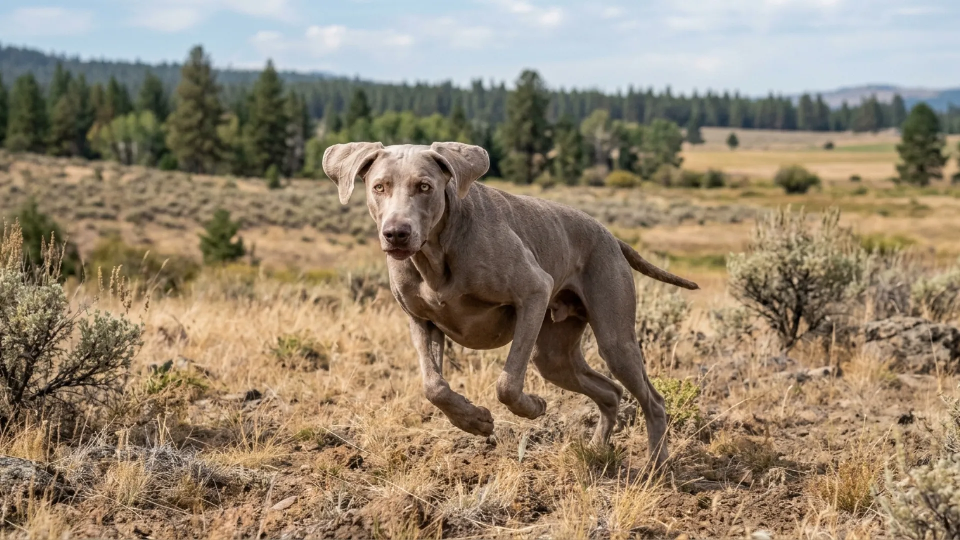 A realistic, full-body Weimaraner frozen mid-stride on a rugged open field, embodying intense focus and sharp instinct that captures its strong prey drive. The dog is lean, athletic, and muscular, its sleek silver-grey coat gleaming under natural light, body positioned toward the front of the frame with its face clearly visible, sharp, and highly expressive. Its striking pale amber eyes are shiny, piercing, and locked forward, facial details crisp — taut muscles around the muzzle, alert ears drawn back, nose slightly wrinkled in concentration. The dog holds a tense, coiled stance, front paw raised mid-step, body low and forward-leaning as if tracking movement in the distance, tail straight and rigid, radiating fearless, driven energy. The setting is a wide, dry open field with scattered brush and a distant tree line under a crisp, clear sky, giving a rugged, instinct-driven outdoor atmosphere. Slight depth of field keeps the field realistically visible, not overly blurred. The dog's silver-grey coat contrasts clearly against the warm golden-brown tones of the dry field, making it stand out prominently in the frame. The overall mood is intense, alert, and powerful — a breed built for the chase. Shot in a natural, editorial pet-photography style with balanced lighting and rich detail, vibrant, emotional, professional photography. Do not include any text, writing, logos, or captions in the image.