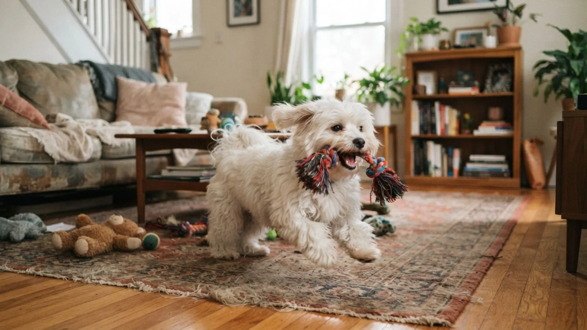 Coton De Tulear is playing in the house