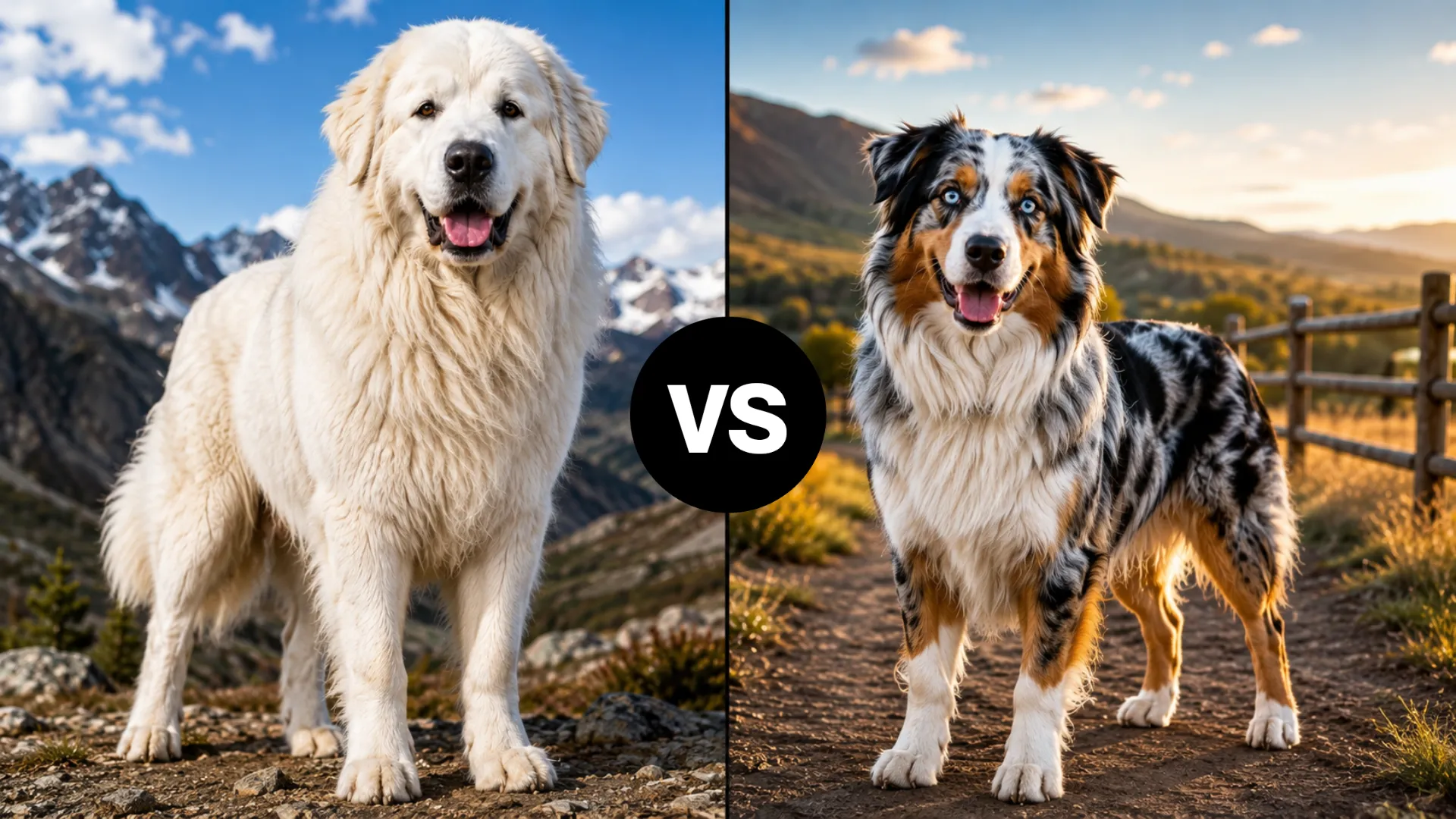 I will give you an article keyword and a dog breed name. Keyword: “[Eye‑Catching Great Pyrenees vs. Australian Shepherd Dog Breeds ]” Breed Name: “[Eye‑Catching Great Pyrenees vs. Australian Shepherd Dog Breeds ]” Based on the keyword and breed name, generate one ready-to-use Google Flow image prompt for a clickable Google Discover style dog feature image. The prompt must describe a high-quality, realistic, full-body [Eye‑Catching Great Pyrenees vs. Australian Shepherd Dog Breeds ] that clearly represents the keyword. Make sure the dog’s face is positioned toward the front of the frame, clearly visible, bright, expressive, and eye-catching, with shiny eyes, clear facial detail, and strong focus on the face. If the keyword suggests tiny, teacup, toy, pocket-sized, small, cute, or mini breeds, show the dog as visibly very small and adorable. If the keyword suggests large, giant, strong, rugged, guard, protector, mountain, brave, or powerful breeds, show the dog as visibly large, strong, and impressive. Match the dog’s gesture, pose, facial expression, and energy to the keyword, such as playful, cute, loyal, brave, protective, fearless, calm, fluffy, energetic, or strong. Choose a realistic background setting that directly fits the keyword. Do not use random greenery unless the keyword needs it. For example, use a cozy home for calm or toy breeds, a home gate or night street for guard dogs, mountains or campsites for adventure dogs, a soft indoor setting for cute tiny breeds, and a rugged outdoor trail for strong active breeds. Use slight depth of field, but keep the background realistic and visible, not overly blurred. Make sure the dog’s coat color contrasts clearly with the background so the dog stands out and does not blend into the scene. Keep the image natural, realistic, emotional, professional, and highly clickable. End the prompt with exactly: “vibrant, emotional, professional photography. Do not include any text, writing, logos, or captions in the image.” Output only the final image draw a black thin line in the centre of image